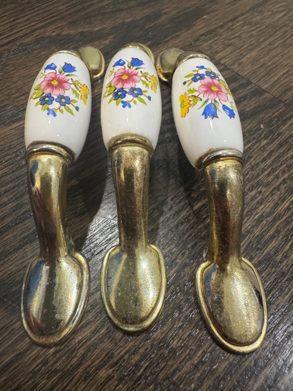 3 Vintage Floral Milkglass Gold Country Drawer Handles Pulls 3”